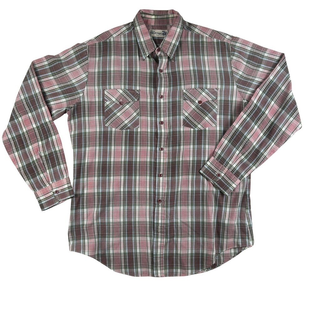 Vintage Roebucks Shirt Mens XLT Plaid Long Sleeve Button Front Western 70s Sears
